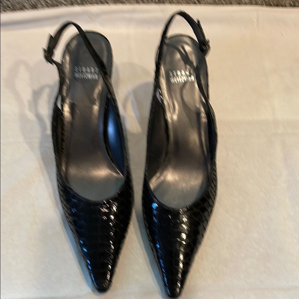 Stuart Weitzman Black Croc-Embossed Slingback Heels